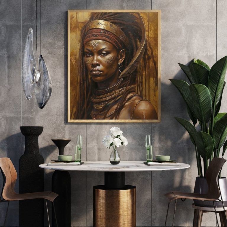 Afrikanische Kriegerin als Wandbild in der Küche