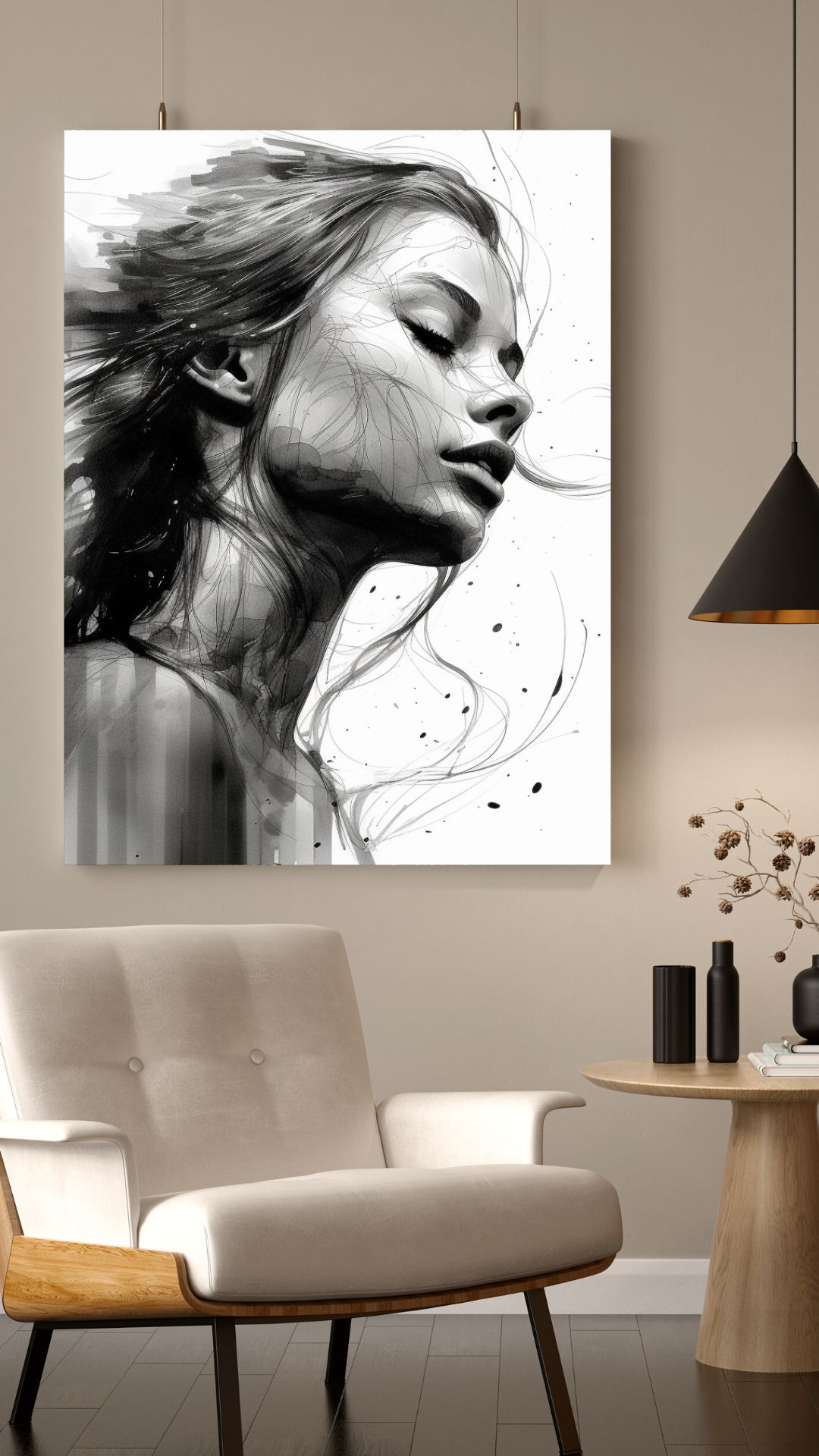 Kohlezeichnung eines Modells als Wandbild