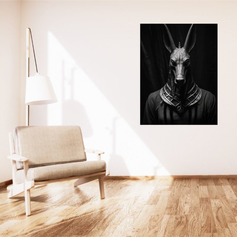 Schwarzer und weißer Anubis als Wandbild in Wohnzimmer