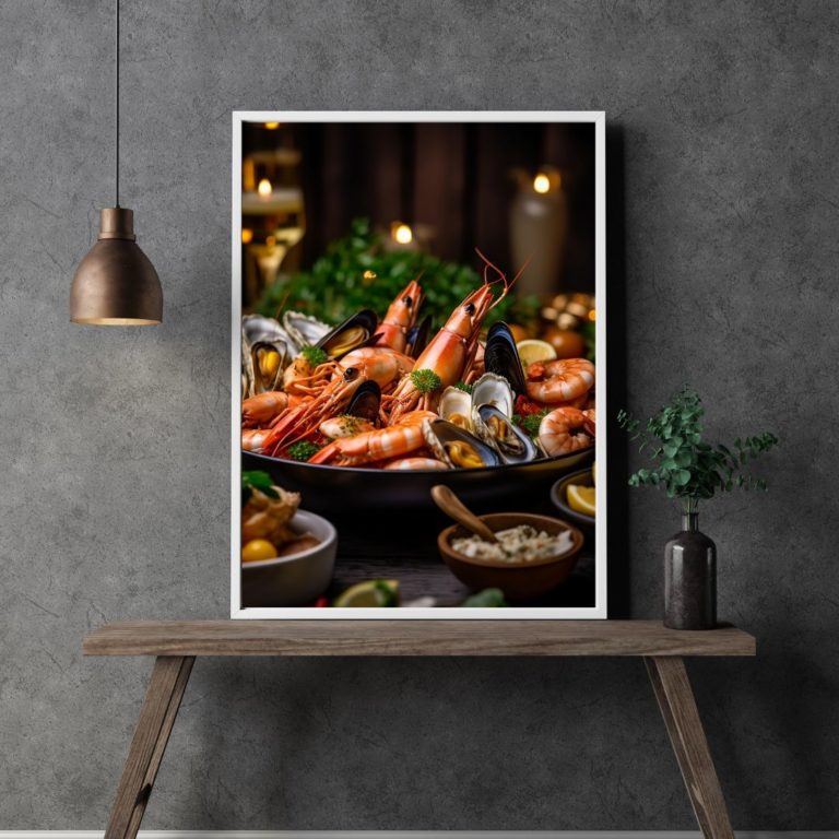 Foto frischen Teller mit Muscheln, Krabben, Garnelen und anderen maritimen als WAndbild für Arbeitszimmer