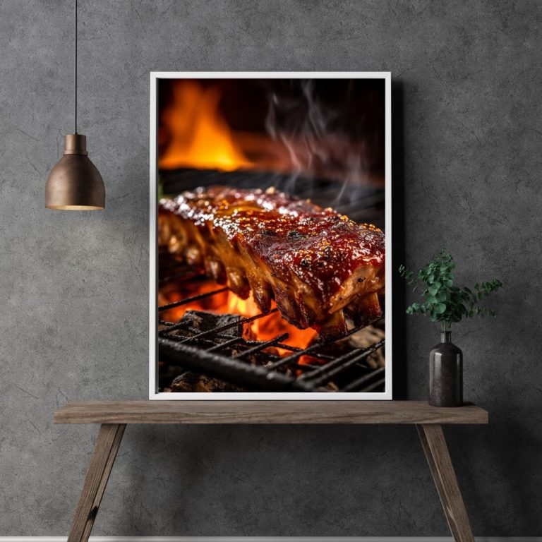 Saftiges, lebhaftes und feuriges Schweinerippchen als Wandbild für Gaststätte.pg