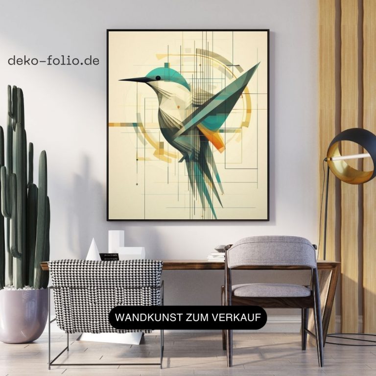 Surrealistische Linienzeichnung einer minimalistischen Kolibri-Darstellung als Wandbild für Anwalt Kanzlei Wartezimme